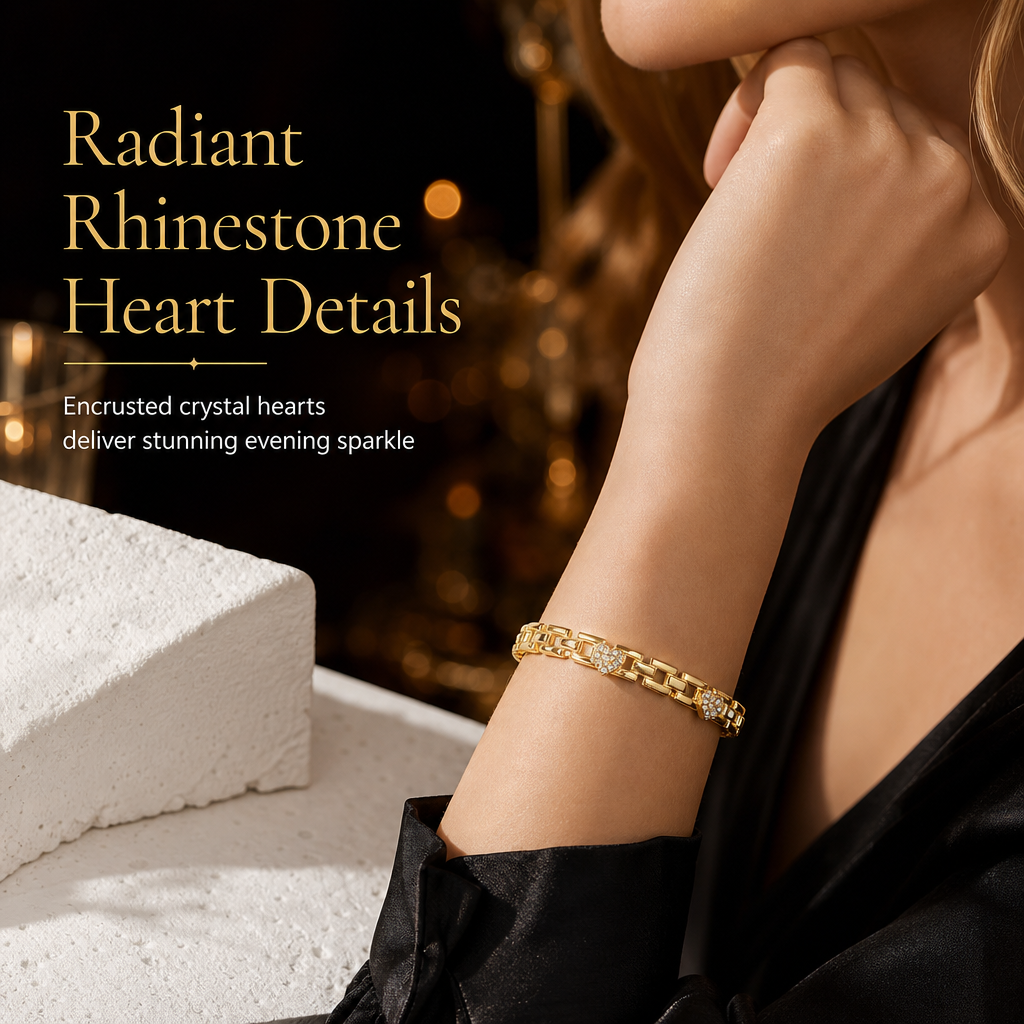 ✨50% RABATT💛Goldfarbenes Armband mit Herz-Strassdetails und geometrischer Gliederkette, schönes Schmuckstück für den Alltag💫
