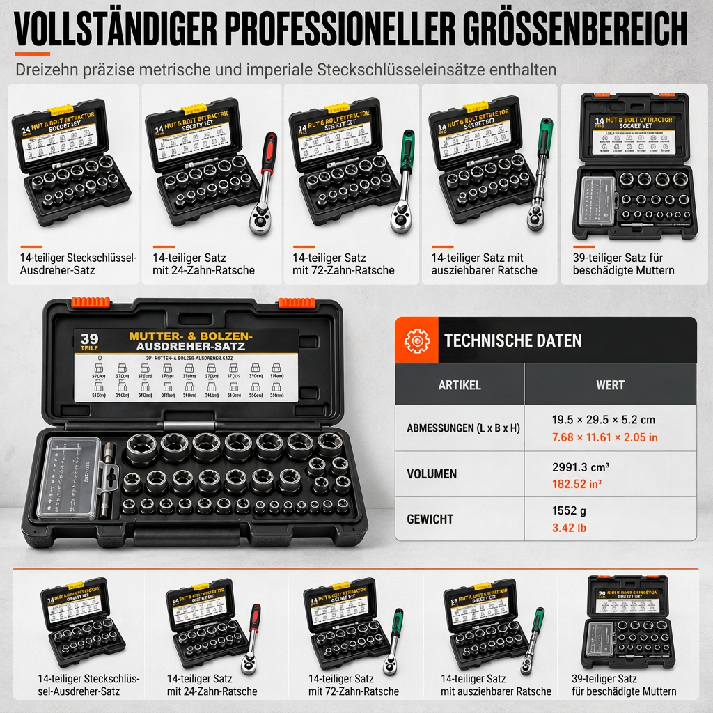 🔧14-teiliges Schraubenausdreher-Set für beschädigte Schrauben & Muttern – Industriequalität, hohes Drehmoment, Linksgewinde, für Auto-Reparatur