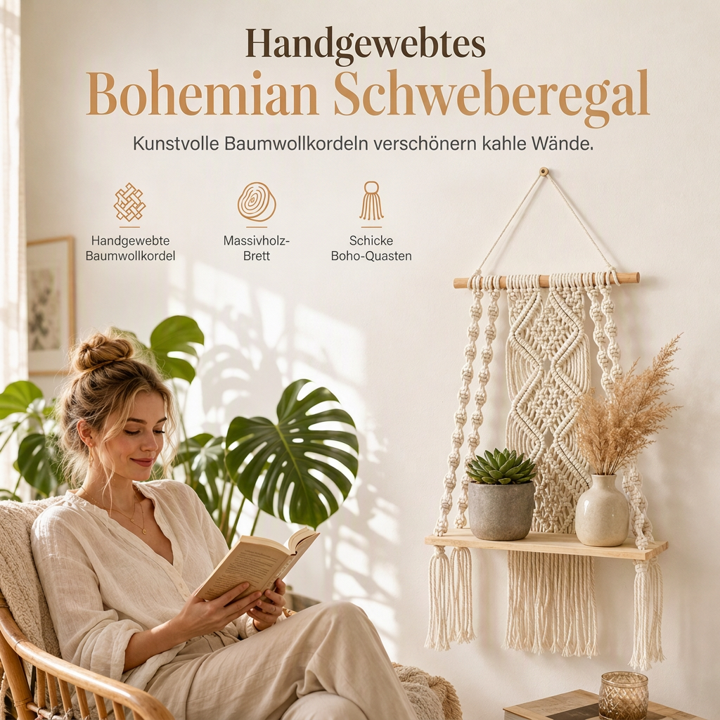 🔥 50% RABATT 🌿 Makramee-Wandbehang böhmisch, handgewebt – Schwebeboden für Bücher & Pflanzen, Deko fürs Wohnzimmer 📚