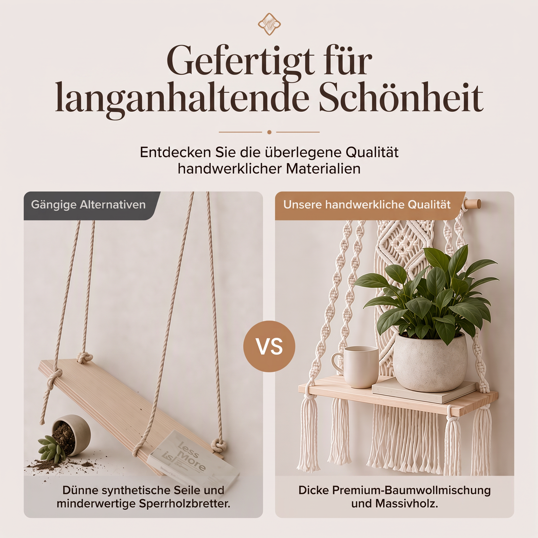 🔥 50% RABATT 🌿 Makramee-Wandbehang böhmisch, handgewebt – Schwebeboden für Bücher & Pflanzen, Deko fürs Wohnzimmer 📚