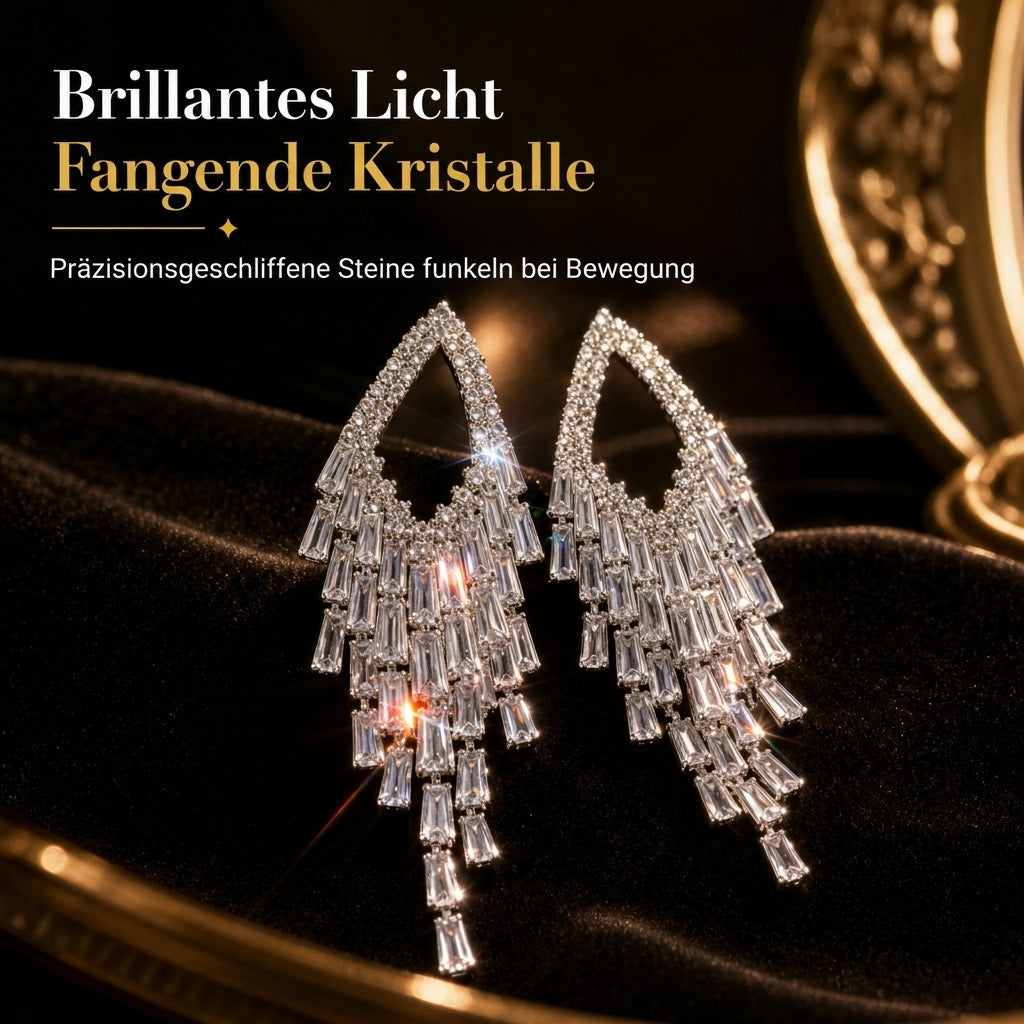 Rautenförmige Ohrstecker mit Zirkonia-Tropfen und Quasten, silberne Ohrstecker – elegante Statement-Ohrringe für Damen
