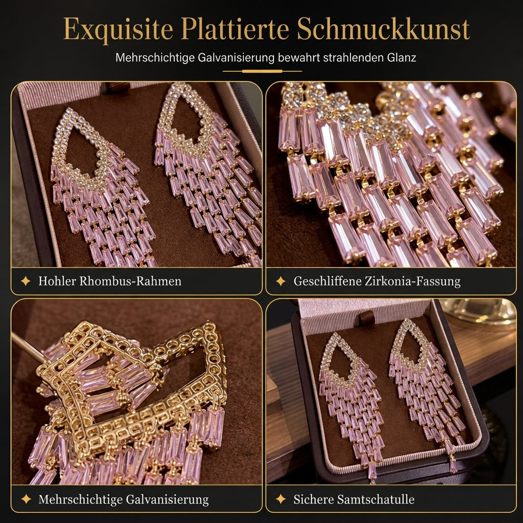 Rautenförmige Ohrstecker mit Zirkonia-Tropfen und Quasten, silberne Ohrstecker – elegante Statement-Ohrringe für Damen