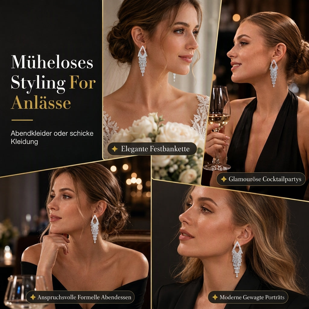 Rautenförmige Ohrstecker mit Zirkonia-Tropfen und Quasten, silberne Ohrstecker – elegante Statement-Ohrringe für Damen