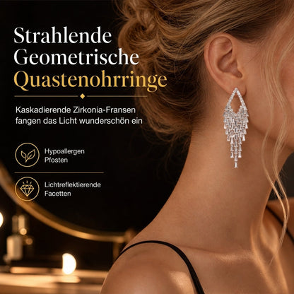 Rautenförmige Ohrstecker mit Zirkonia-Tropfen und Quasten, silberne Ohrstecker – elegante Statement-Ohrringe für Damen