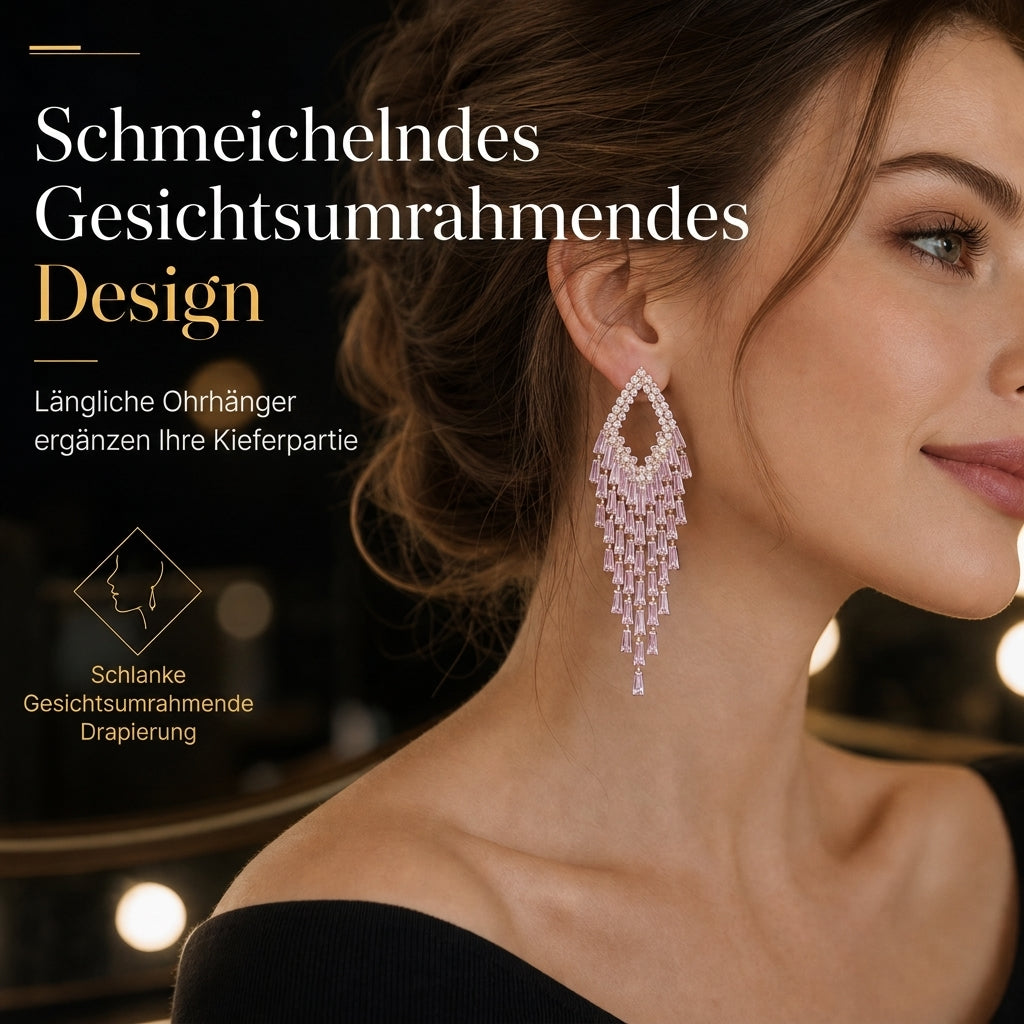 Rautenförmige Ohrstecker mit Zirkonia-Tropfen und Quasten, silberne Ohrstecker – elegante Statement-Ohrringe für Damen