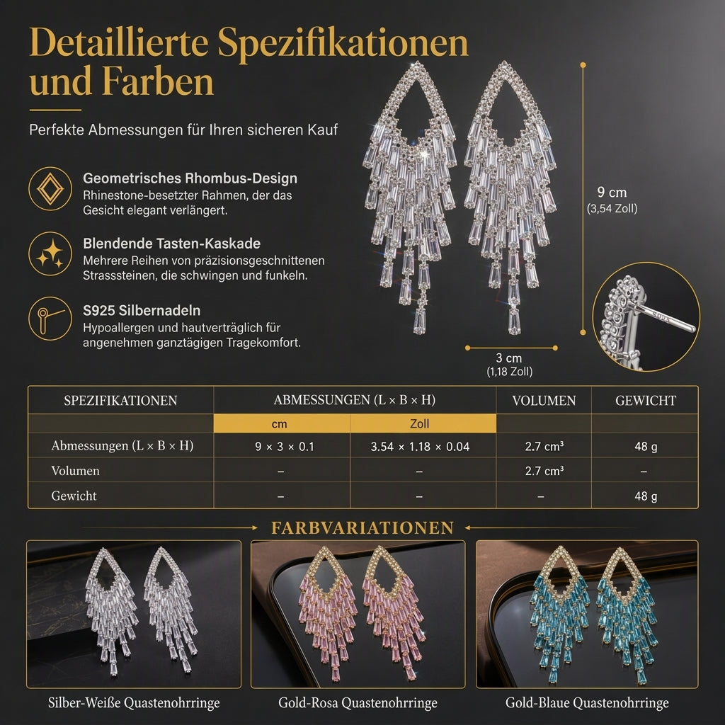 Rautenförmige Ohrstecker mit Zirkonia-Tropfen und Quasten, silberne Ohrstecker – elegante Statement-Ohrringe für Damen