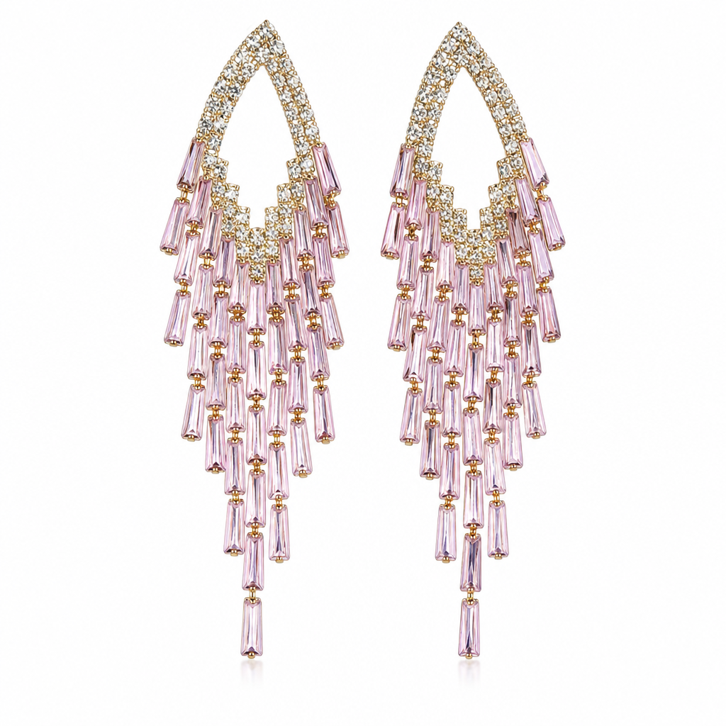 Rautenförmige Ohrstecker mit Zirkonia-Tropfen und Quasten, silberne Ohrstecker – elegante Statement-Ohrringe für Damen
