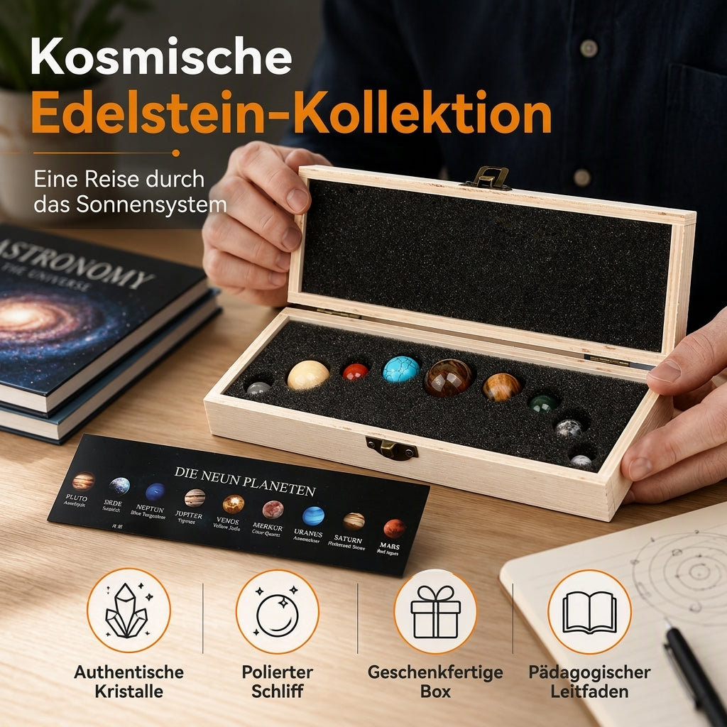 Set natürlicher Kristallkugeln – Planeten des Sonnensystems mit Holz-Geschenkbox, Mineralproben für wissenschaftliche Bildung und Schreibtischdekoration