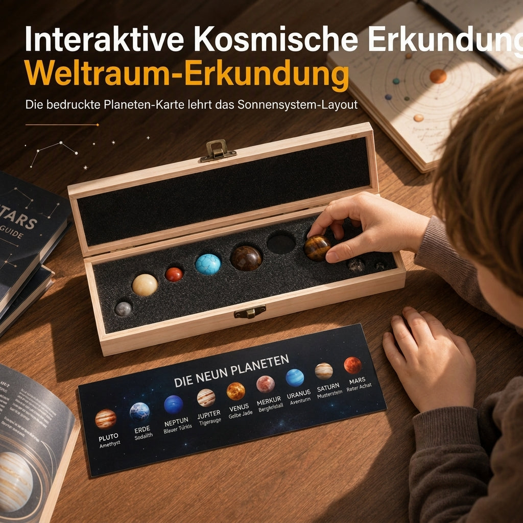 Set natürlicher Kristallkugeln – Planeten des Sonnensystems mit Holz-Geschenkbox, Mineralproben für wissenschaftliche Bildung und Schreibtischdekoration