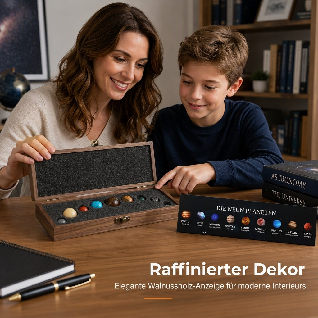 Set natürlicher Kristallkugeln – Planeten des Sonnensystems mit Holz-Geschenkbox, Mineralproben für wissenschaftliche Bildung und Schreibtischdekoration