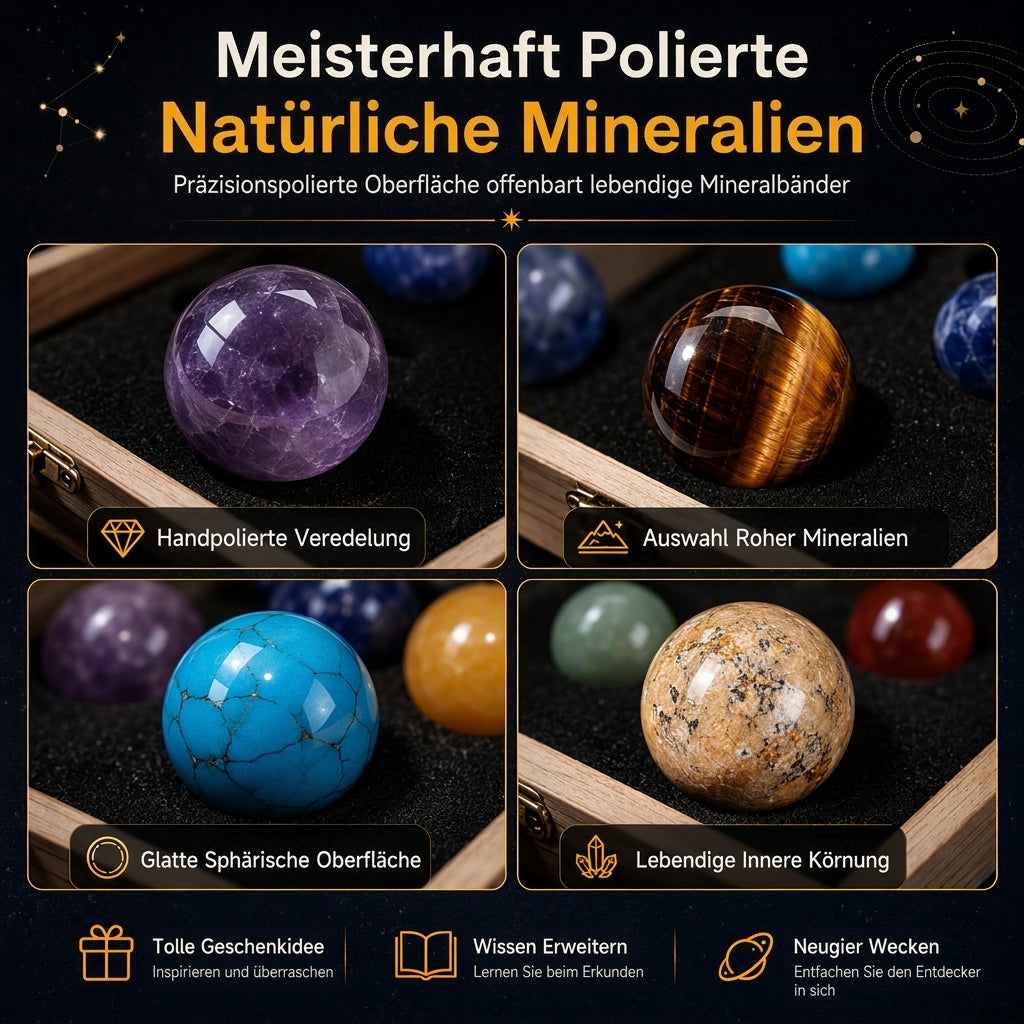 Set natürlicher Kristallkugeln – Planeten des Sonnensystems mit Holz-Geschenkbox, Mineralproben für wissenschaftliche Bildung und Schreibtischdekoration