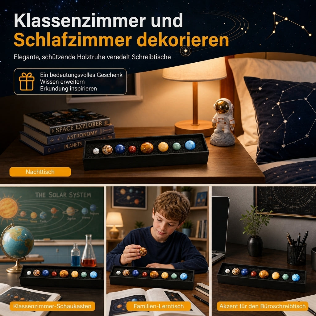 Set natürlicher Kristallkugeln – Planeten des Sonnensystems mit Holz-Geschenkbox, Mineralproben für wissenschaftliche Bildung und Schreibtischdekoration
