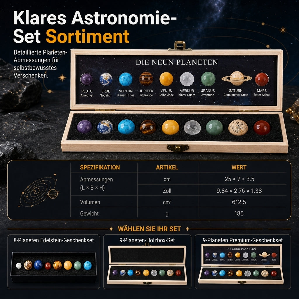 Set natürlicher Kristallkugeln – Planeten des Sonnensystems mit Holz-Geschenkbox, Mineralproben für wissenschaftliche Bildung und Schreibtischdekoration