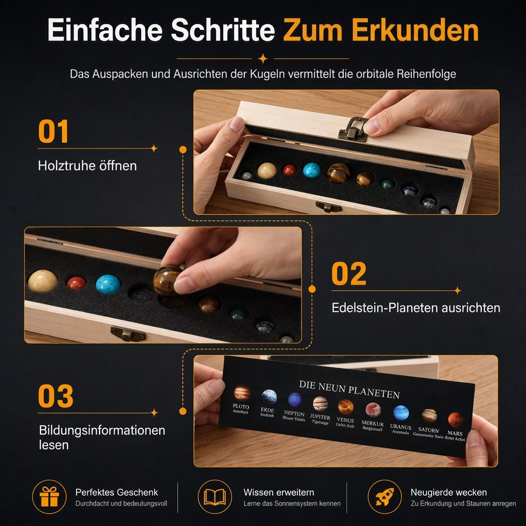 Set natürlicher Kristallkugeln – Planeten des Sonnensystems mit Holz-Geschenkbox, Mineralproben für wissenschaftliche Bildung und Schreibtischdekoration