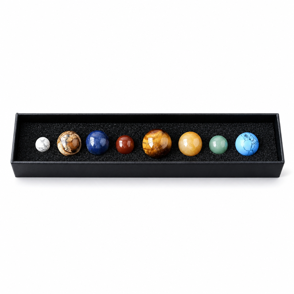 Set natürlicher Kristallkugeln – Planeten des Sonnensystems mit Holz-Geschenkbox, Mineralproben für wissenschaftliche Bildung und Schreibtischdekoration