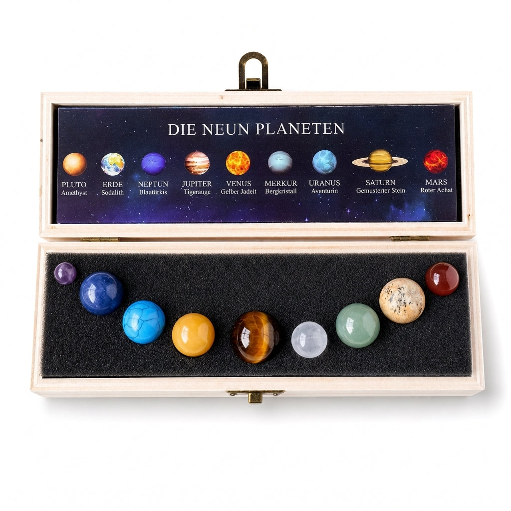 Set natürlicher Kristallkugeln – Planeten des Sonnensystems mit Holz-Geschenkbox, Mineralproben für wissenschaftliche Bildung und Schreibtischdekoration