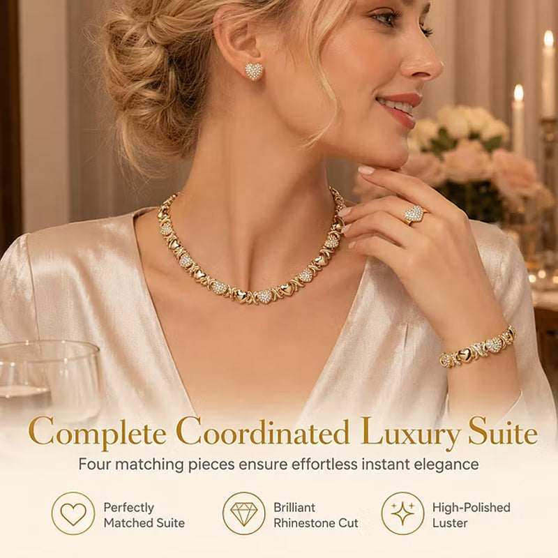 💝 50% RABATT! ✨ 4-teiliges Herz-Schmuckset – Kette, Armband, Ring & Ohrringe, goldfarben ✨