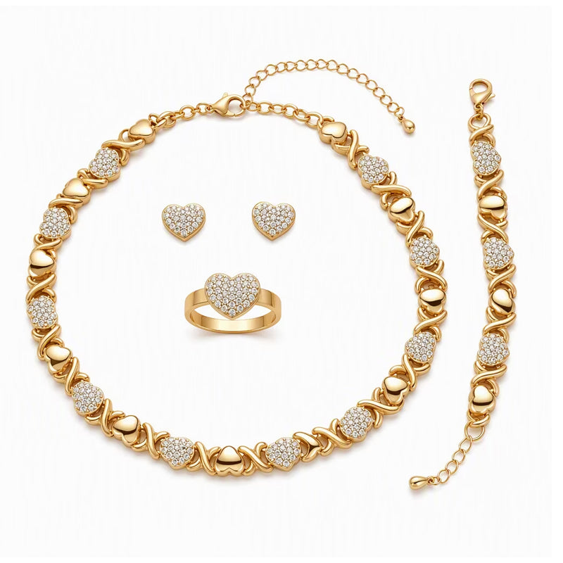 💝 50% RABATT! ✨ 4-teiliges Herz-Schmuckset – Kette, Armband, Ring & Ohrringe, goldfarben ✨