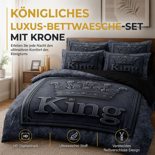 ⏳Zeitlich begrenztes Angebot⏳ 👑 KING 3-teiliges Bettwäsche-Set – schwarz-grau meliert, Kronen-Design