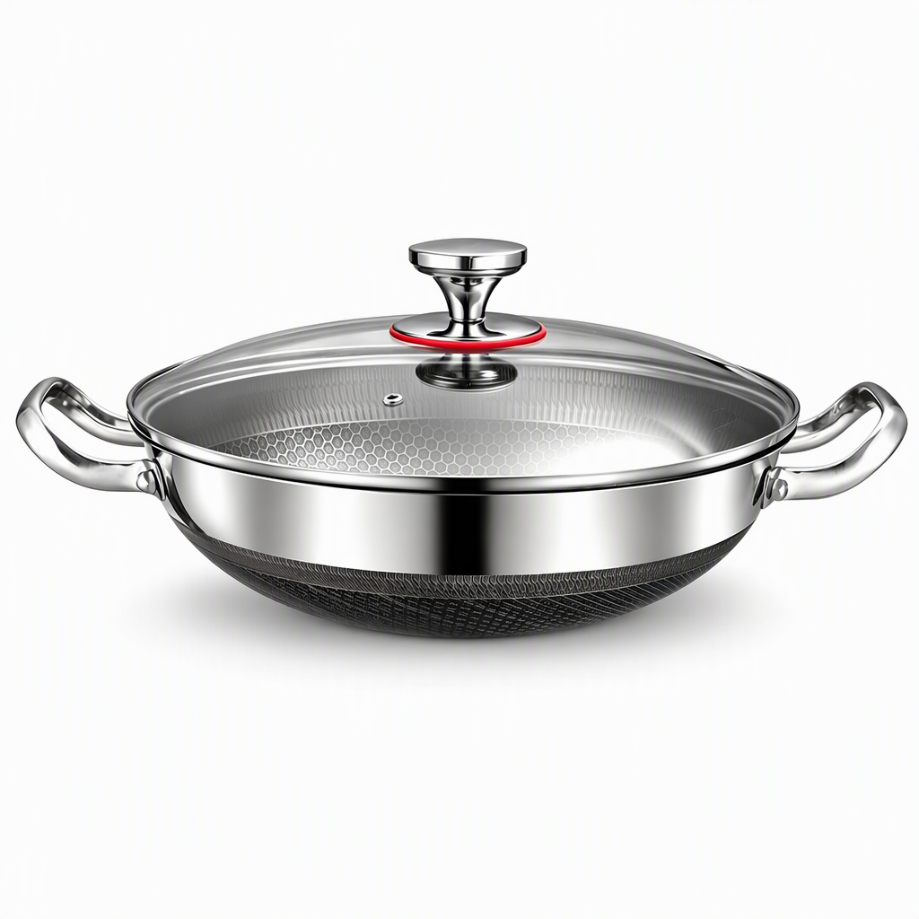 ⏳Zeitlich befristetes Sonderangebot⏰ Verdickter Edelstahl-Antihaft-Wok mit Deckel, flacher Boden, Bratpfanne mit zwei Griffen