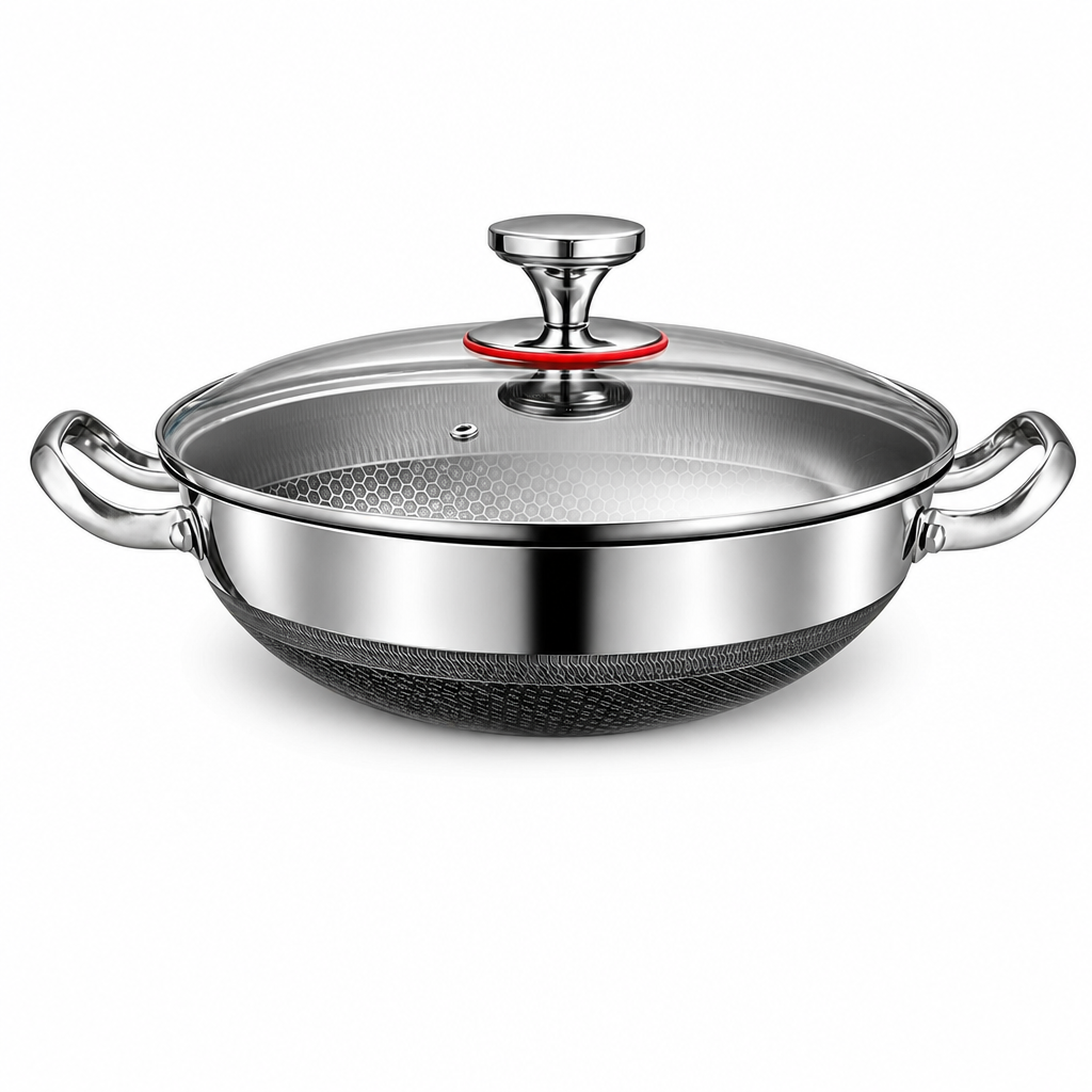 ⏳Zeitlich befristetes Sonderangebot⏰ Verdickter Edelstahl-Antihaft-Wok mit Deckel, flacher Boden, Bratpfanne mit zwei Griffen