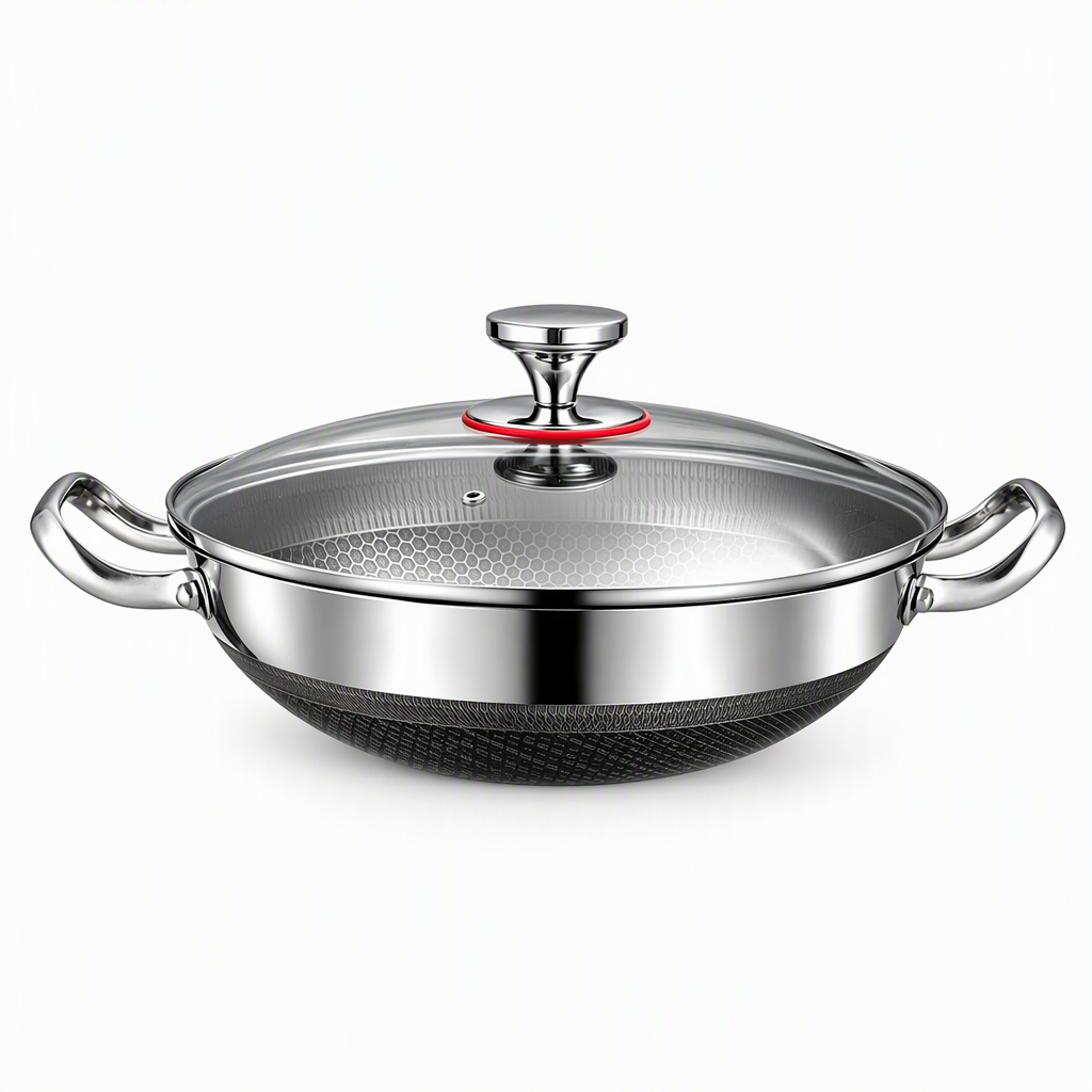 ⏳Zeitlich befristetes Sonderangebot⏰ Verdickter Edelstahl-Antihaft-Wok mit Deckel, flacher Boden, Bratpfanne mit zwei Griffen