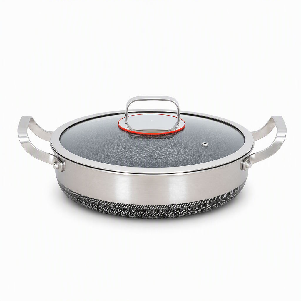 ⏳Zeitlich befristetes Sonderangebot⏰ Verdickter Edelstahl-Antihaft-Wok mit Deckel, flacher Boden, Bratpfanne mit zwei Griffen
