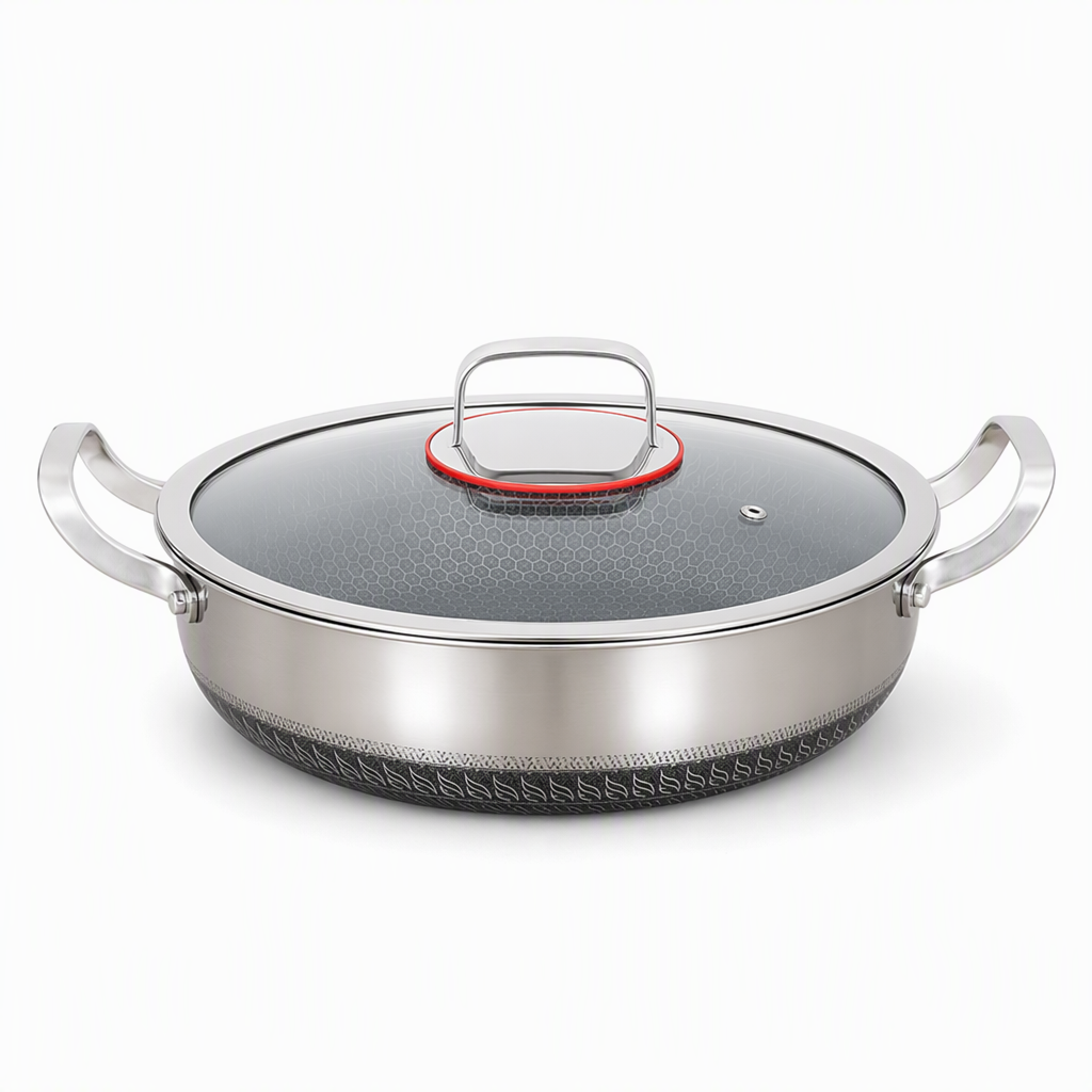 ⏳Zeitlich befristetes Sonderangebot⏰ Verdickter Edelstahl-Antihaft-Wok mit Deckel, flacher Boden, Bratpfanne mit zwei Griffen