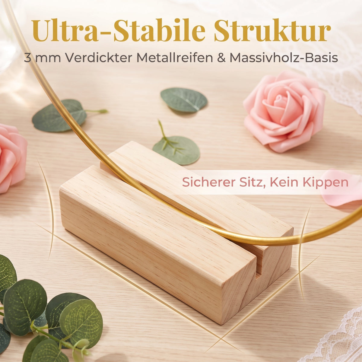 🌸 Dekorativer Reif in Goldton mit Holzständer