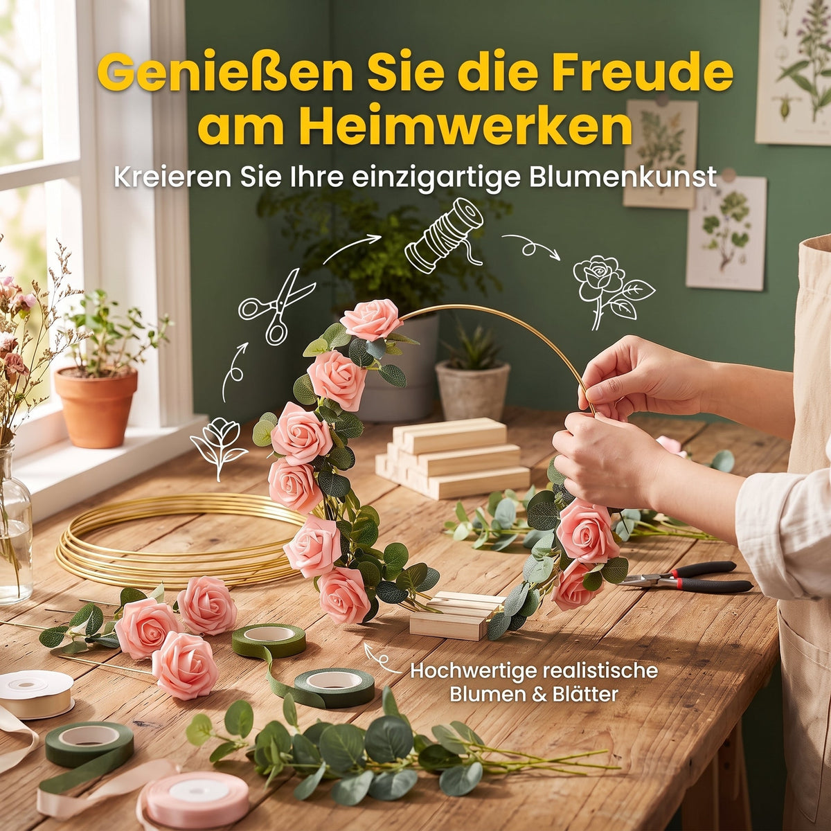 🌸 Dekorativer Reif in Goldton mit Holzständer
