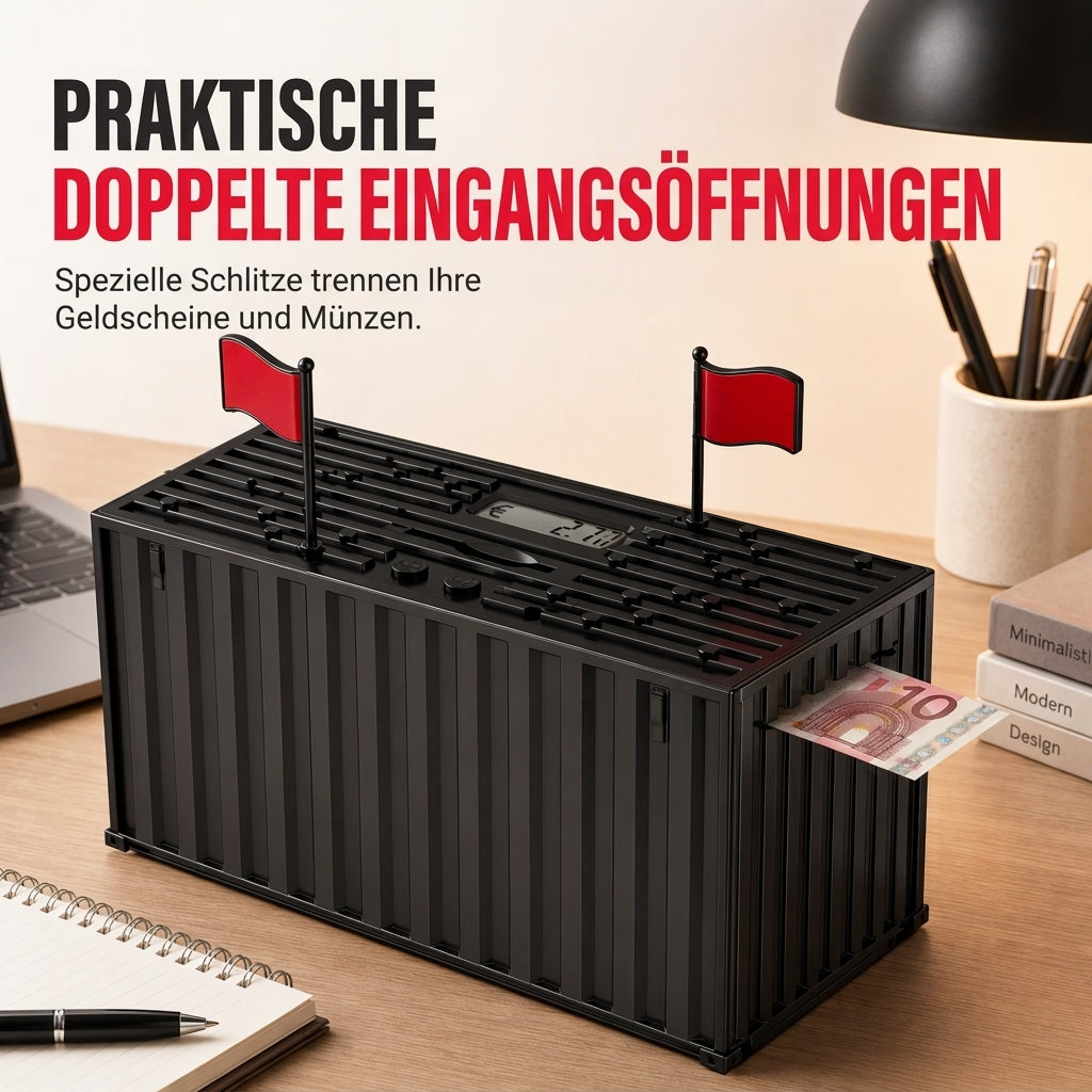 Digitales Münz-Sparschwein im Schiffscontainer-Design mit automatischer Münzzählung für USD-, EUR- und GBP-Münzen – batteriebetriebenes Sparschwein