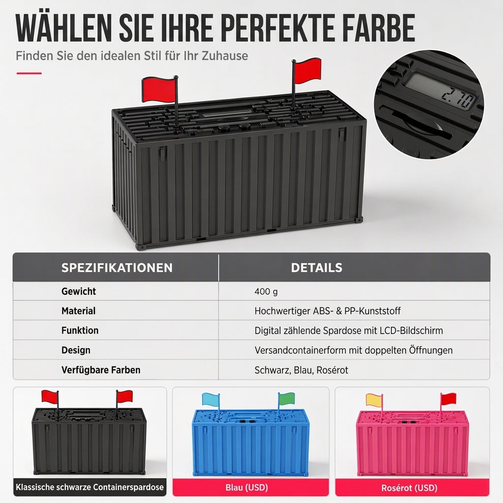 Digitales Münz-Sparschwein im Schiffscontainer-Design mit automatischer Münzzählung für USD-, EUR- und GBP-Münzen – batteriebetriebenes Sparschwein