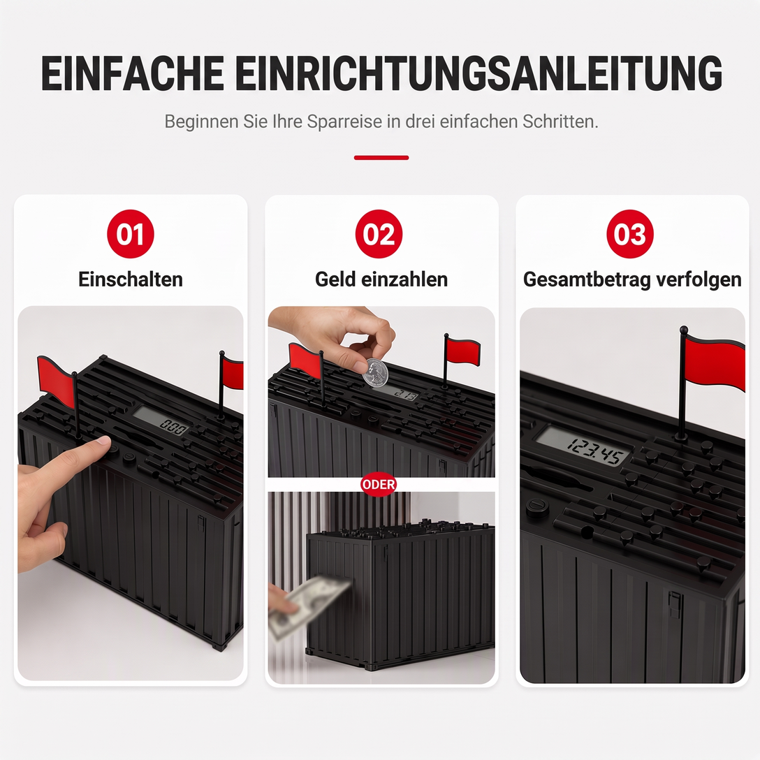 Digitales Münz-Sparschwein im Schiffscontainer-Design mit automatischer Münzzählung für USD-, EUR- und GBP-Münzen – batteriebetriebenes Sparschwein