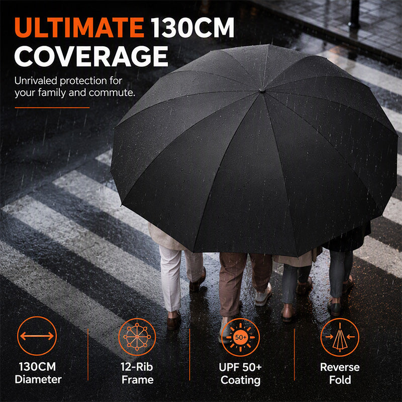 🔥50 % Rabatt🔥 Faltregenschirm Extra Groß Windfest – Trotzt jedem Sturm, maximaler Schutz! 🛡️ 130 cm XXL-Dach, 12 verstärkte Rippen, schnelltrocknend ⚡