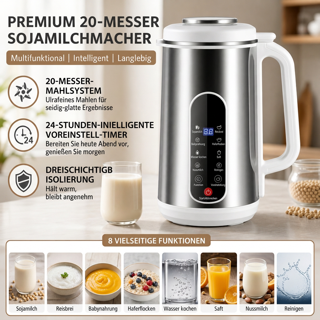 🔥Multifunktionaler 304 Edelstahl Sojamilchbereiter und Hochleistungsmixer mit großer Kapazität, filterfrei, Haushaltsnahrungsprozessor mit intelligenter Zeitschaltuhr