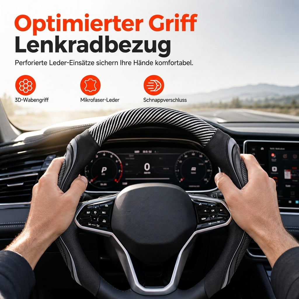 📢📢40% RABATT !!⏰ Kohlefaser-Lenkradabdeckung – Verbesserter Grip, rutschfestes Leder & Handflächenmassage – Universal 15" Passform 🛡️