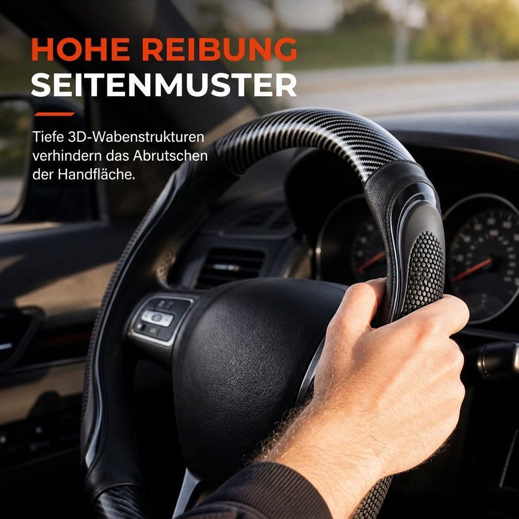 📢📢40% RABATT !!⏰ Kohlefaser-Lenkradabdeckung – Verbesserter Grip, rutschfestes Leder & Handflächenmassage – Universal 15" Passform 🛡️