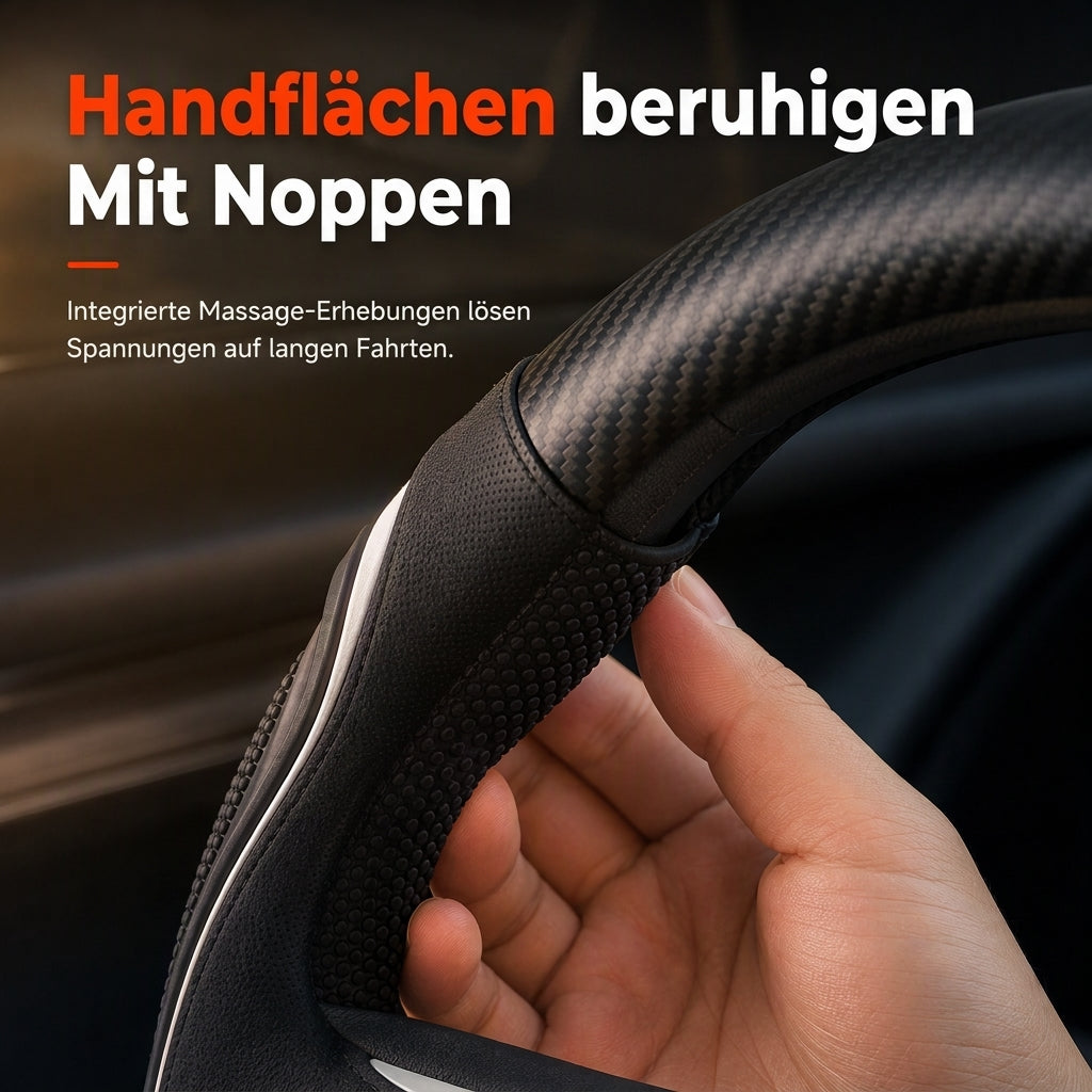 📢📢40% RABATT !!⏰ Kohlefaser-Lenkradabdeckung – Verbesserter Grip, rutschfestes Leder & Handflächenmassage – Universal 15" Passform 🛡️