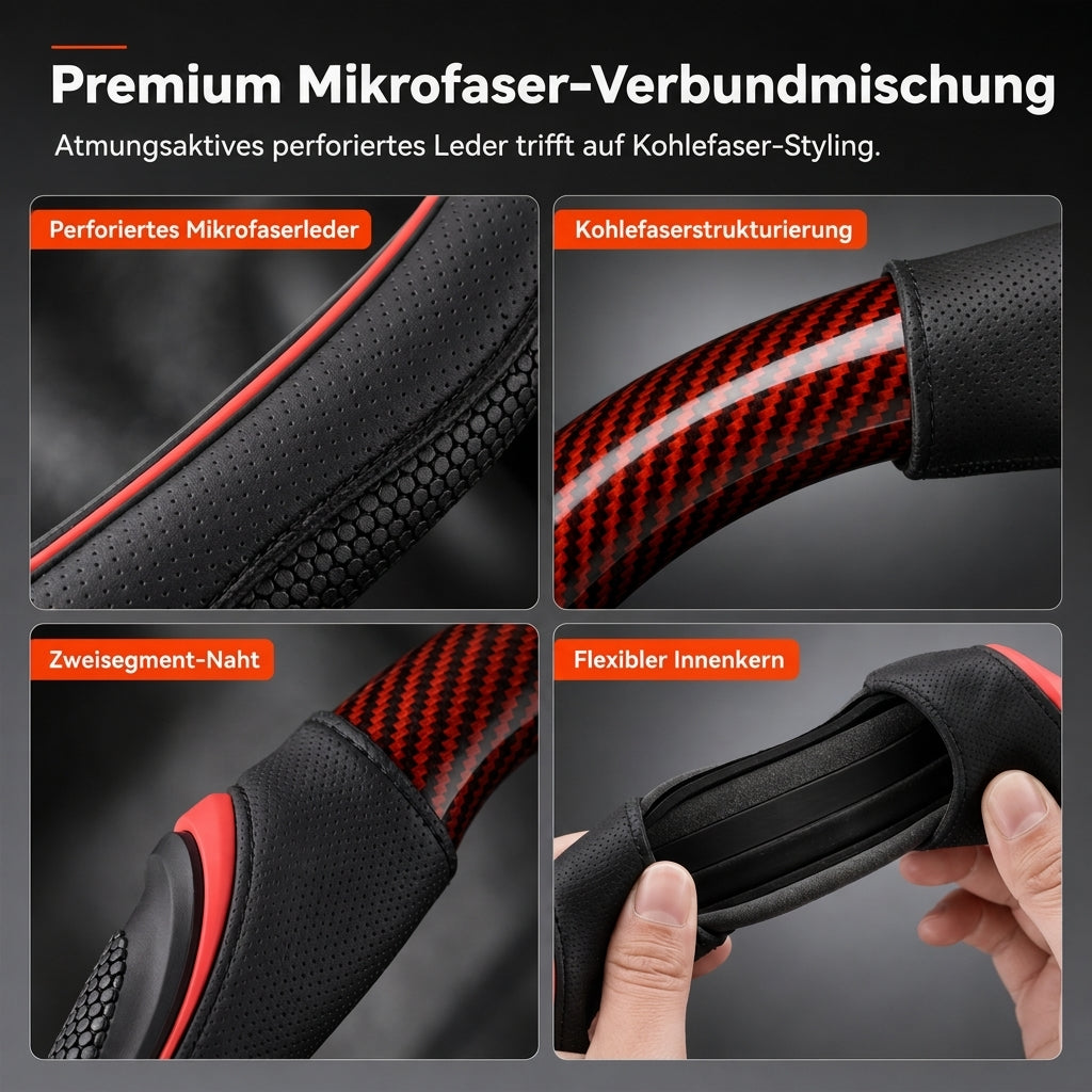 📢📢40% RABATT !!⏰ Kohlefaser-Lenkradabdeckung – Verbesserter Grip, rutschfestes Leder & Handflächenmassage – Universal 15" Passform 🛡️