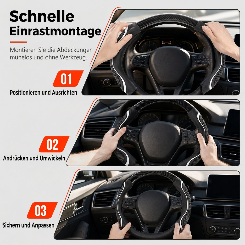 📢📢40% RABATT !!⏰ Kohlefaser-Lenkradabdeckung – Verbesserter Grip, rutschfestes Leder & Handflächenmassage – Universal 15" Passform 🛡️
