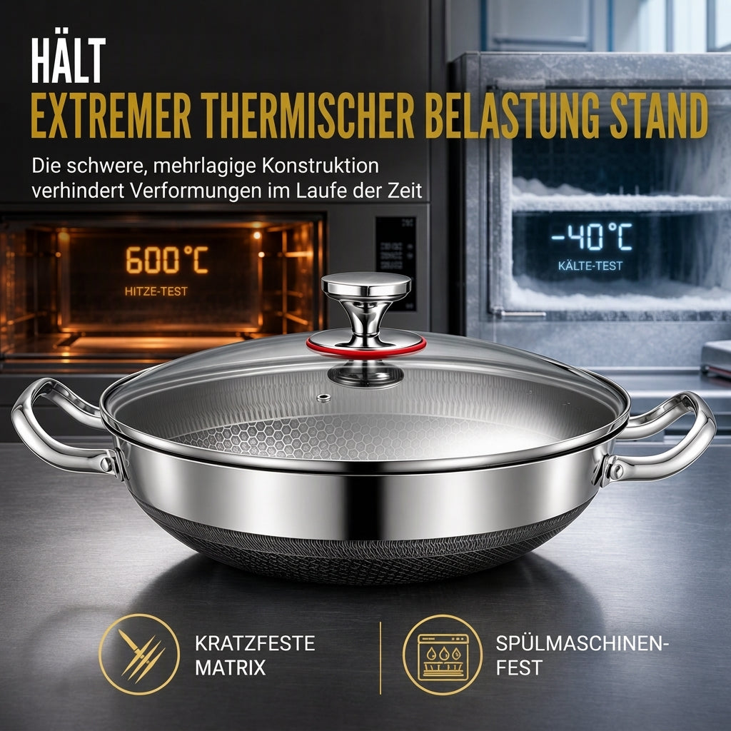 ⏳Zeitlich befristetes Sonderangebot⏰ Verdickter Edelstahl-Antihaft-Wok mit Deckel, flacher Boden, Bratpfanne mit zwei Griffen