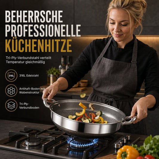 ⏳Zeitlich befristetes Sonderangebot⏰ Verdickter Edelstahl-Antihaft-Wok mit Deckel, flacher Boden, Bratpfanne mit zwei Griffen