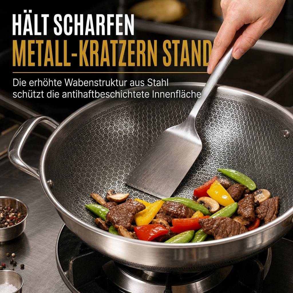 ⏳Zeitlich befristetes Sonderangebot⏰ Verdickter Edelstahl-Antihaft-Wok mit Deckel, flacher Boden, Bratpfanne mit zwei Griffen