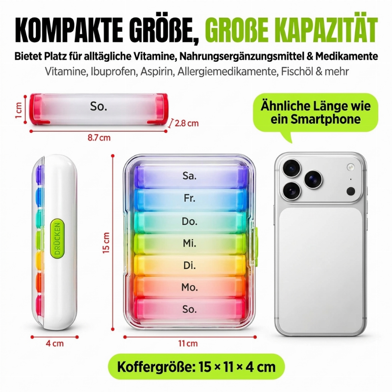 💊 NUR FÜR KURZE ZEIT 50% RABATT ✨ 7-TAGE-TRENNBARE PILLENBOX – FARBKODIERT & TRAGBAR 🌈