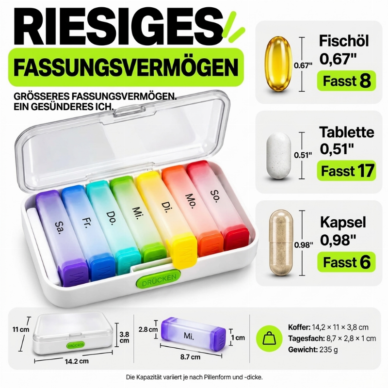 💊 NUR FÜR KURZE ZEIT 50% RABATT ✨ 7-TAGE-TRENNBARE PILLENBOX – FARBKODIERT & TRAGBAR 🌈