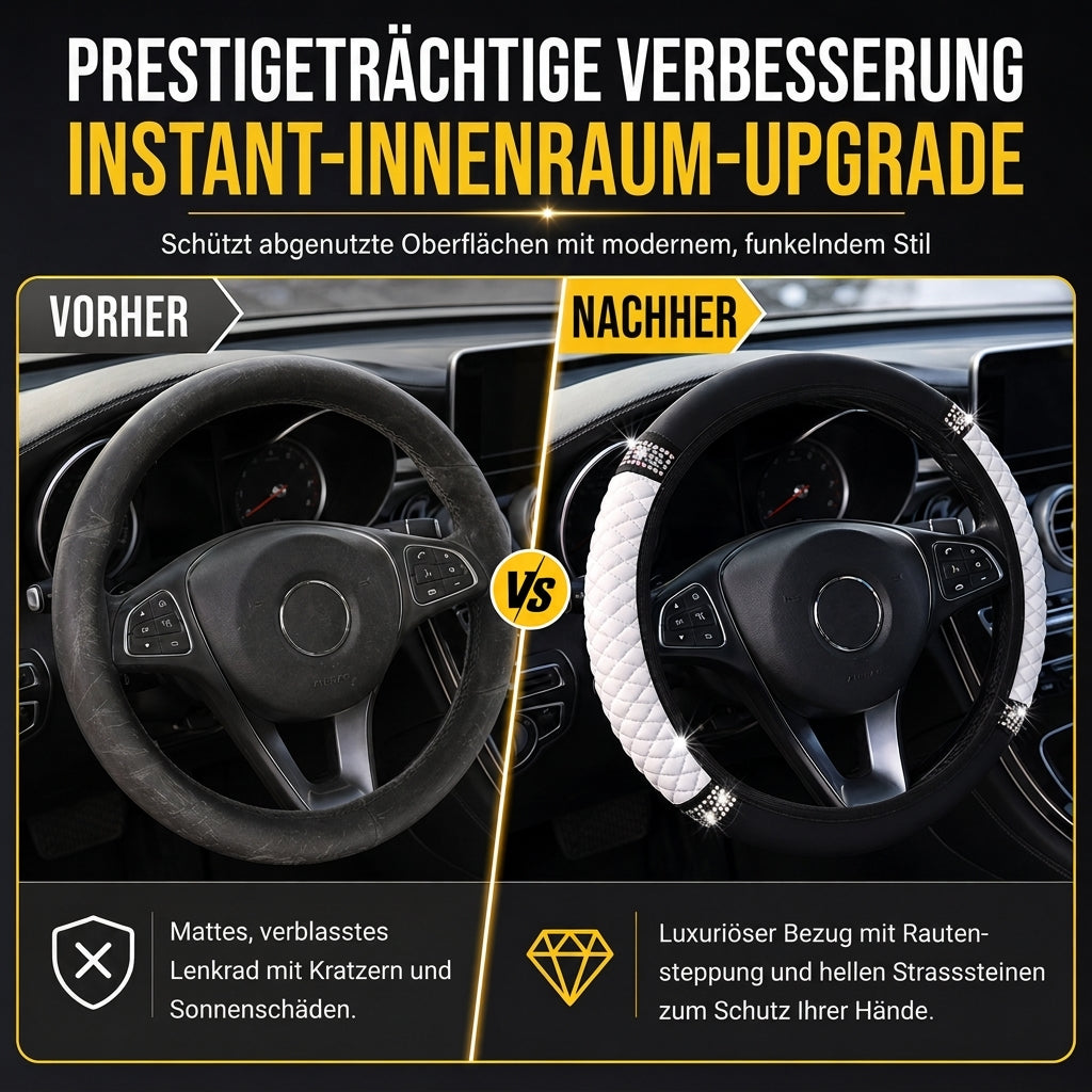 📢📢50% RABATT !!⏰Strass-Lenkradabdeckung – gestepptes PU-Leder und funkelnde Details für einen glamorösen Autoinnenraum