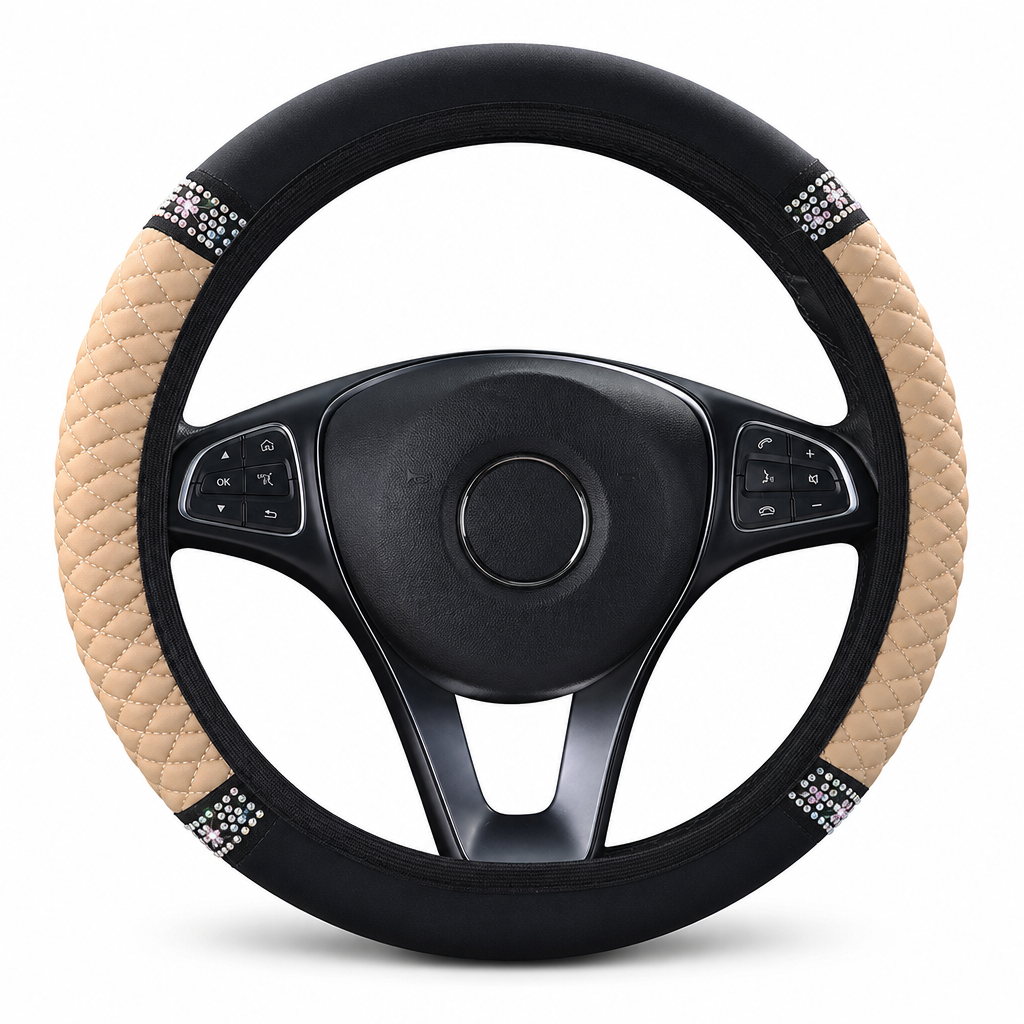 📢📢50% RABATT !!⏰Strass-Lenkradabdeckung – gestepptes PU-Leder und funkelnde Details für einen glamorösen Autoinnenraum