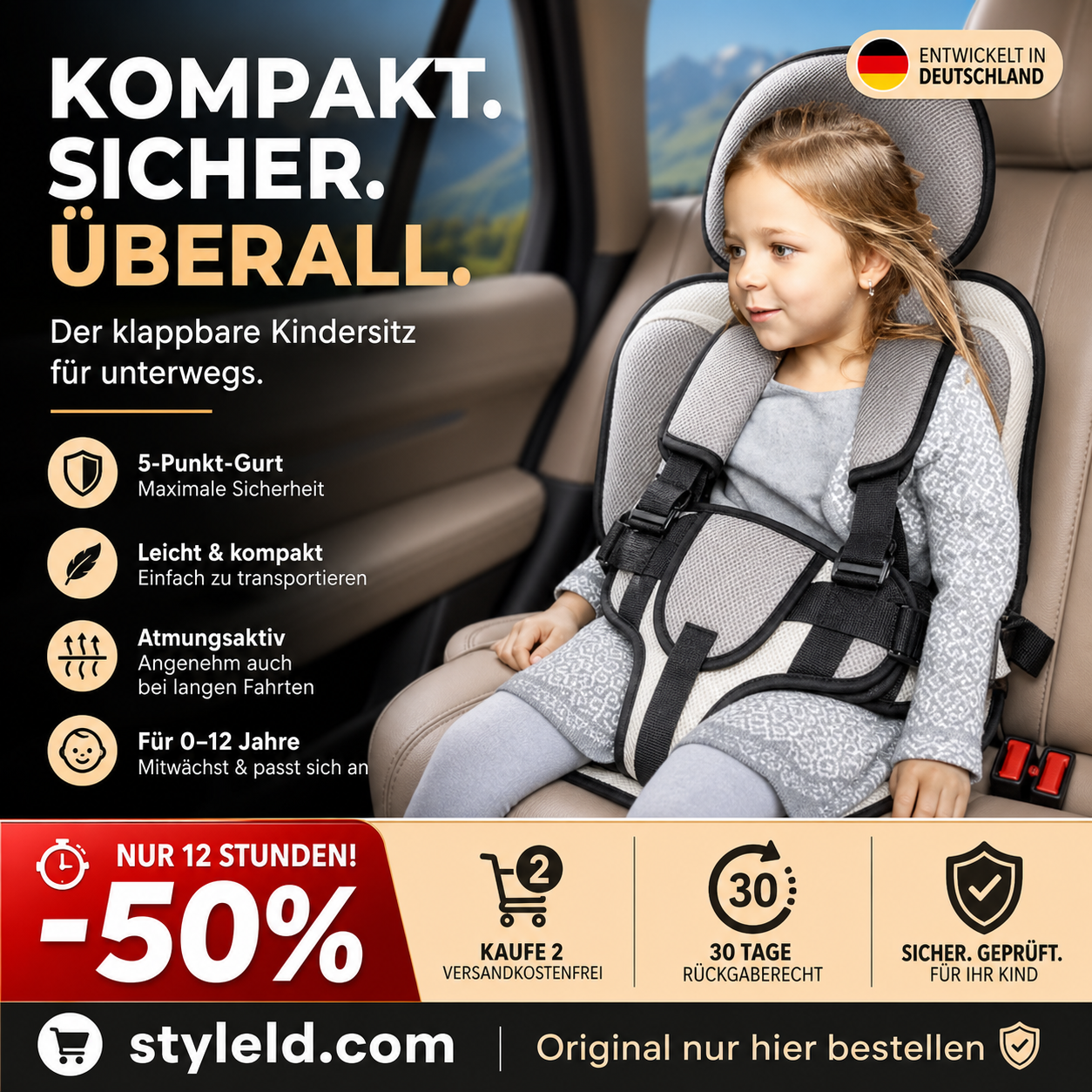 🔥 Kindersitz fürs Auto – Faltbar, sicher, überall dabei! 🧒 5-Punkt-Gurt, atmungsaktiv, für 0–12 Jahre ⚡ Limitiertes Angebot ⏳