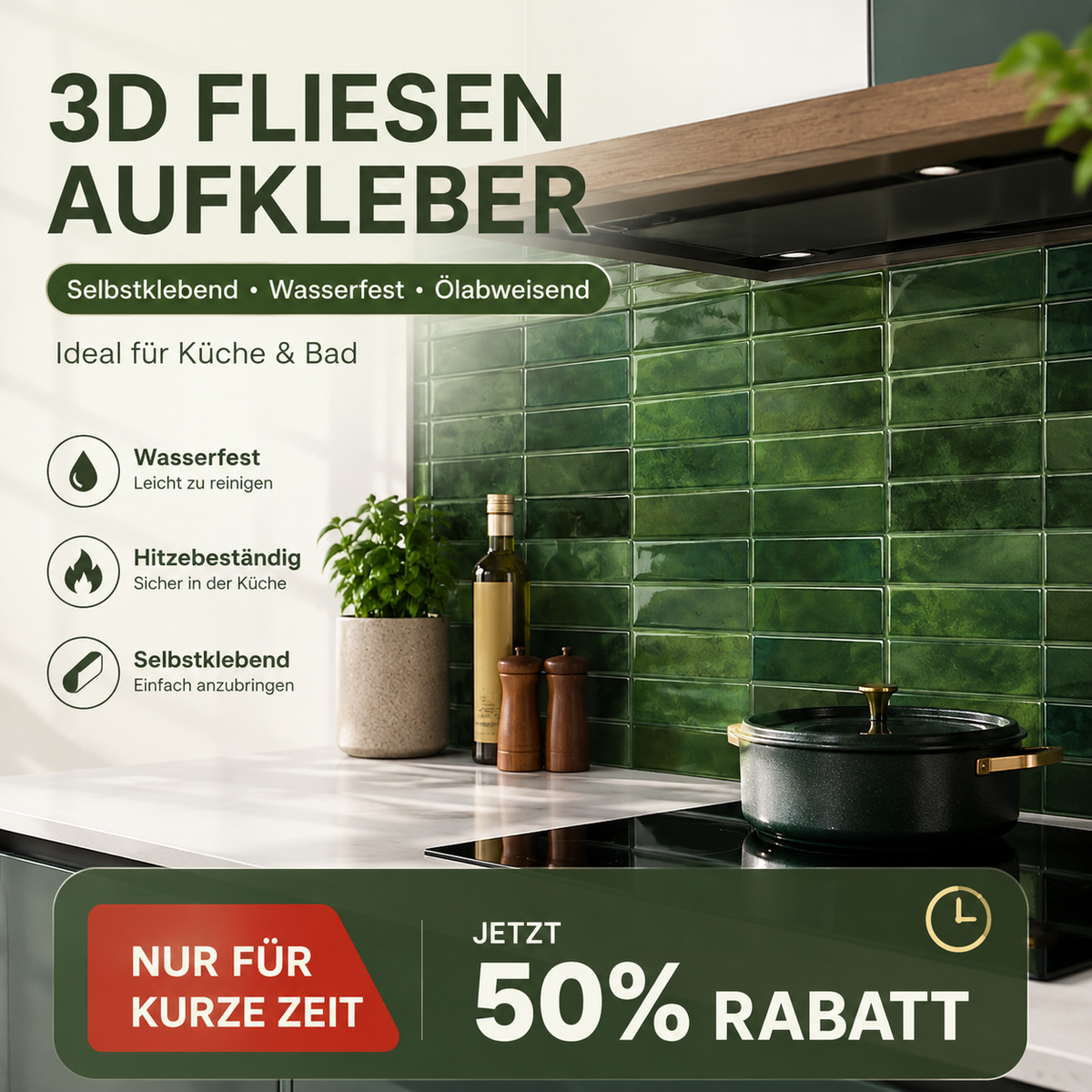 🧱 50% RABATT! 🍳 Selbstklebender Küchen-Spritzschutz – Zuschneidbar & 5 Farben ✨